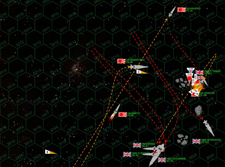 Things get VERY hairy in here, where the tight gaps between these drifting fields of orbital debris (basically, man-made asteroid fields) pose severe navigation hazards, through which both the British and Japanese are maneuvering at absurdly high speeds.  This isn't a game where you can just count the hexes and move your piece that many spaces.  Heading, velicity, available thrust, all combine in a semi-Newtonian movement system where you have to manage your speed, thrust, and even planetary gravity fields very carefully.  And if you take a hit in your maneuvering thrusters here ... God save you.  Of particular note is Hex 4115 (you probably can;t see the number), where frigates IJN Urkaze and HMS Francis Drake are engaged in a point-blank dogfight, while Japanese torpedoes scream in (orange wedges), while Japanese Ki-202 