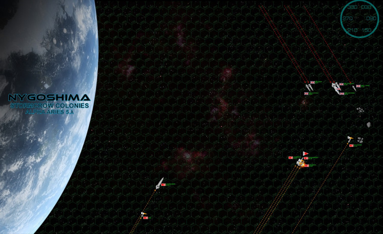 The initial approaches.  I've got the British, coming in from the top.  Rasmus has the Japanese, coming from the bottom.  The basic scenario is both the Japanese and British hold possessions in the Alpha Aries (Hamal) system, and ... long story short ... they're in a bit of a fued.  Initially on the back foot, the British have won a few battles and now hope to capitalize on recent success here at Nygoshima Lambda - 11th moon of the Nygoshima gas giant.  This is a big Japanese colony and naval base, and the British must break Japanese naval presence here to clear the way for two Fearless-class planetary assualt ships carrying 1st Battalion, Royal Scots Dragoons and Queens Irish Hussars.  Of course, the 400,000 ton Japanese Sengoku-class battlecruiser and her escorts might have something to say about that ...  Hexes are 180 kilometers across (the moon at left is measured at slightly smaller than Earth).  Turns are 1 minute, so one hex of movement = 3 kilometers per second.  So yeah, the British are hauling the proverbial ass here, intent on closing the range with the Japanese as quickly as possible.  This is because their guns have better accuracy at longer ranges, and they carry the dreaded Ki-45 