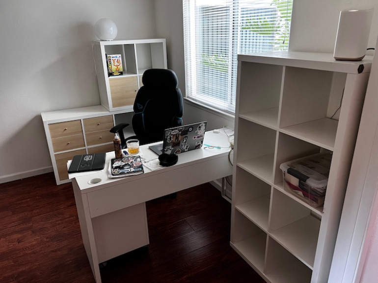 The desk is one of the pieces that will stay.