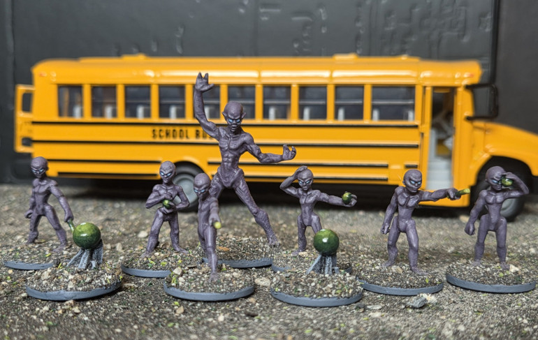 The Grey Aliens, all from Lucid Eye,  lovely models. Once I painted them in the purplish grey I noticed they kind of blend a bit into the baseboard so I am thinking of incorporating that into their rules, maybe giving them some sort of camouflage in urban environments?