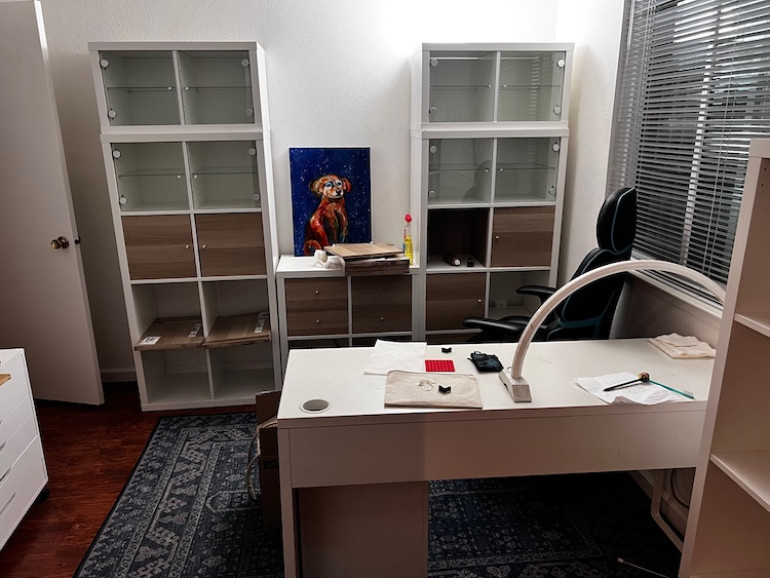 Okay, good beginning of a work space. Needs a few more key items like more lighting and a printer but so far I like it.