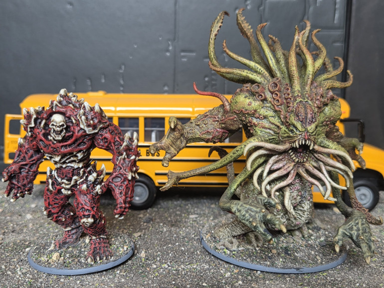 Large Monsters L to R: Flesh Gollum, from Mantic Games, Cthuloid demon from C'mon 