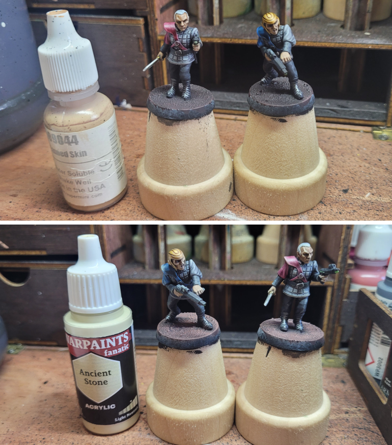 After brushing on some highlights to the faces and hands using Tanned Skin, I lightened the bases with a glaze of Army Painter Dryad Brown (not shown, sorry!). Then I hit both models from top to bottom with a light drybrush of Ancient Stone (what I use instead of Hazyboy75's Brainmatter Beige) to add some additional highlights.