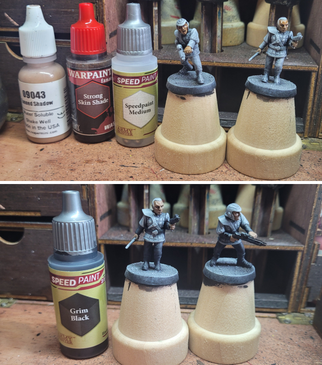 Most of the Next Generation Romulans tended to be a bit on the dark-skinned side, so I did the faces and hands in Tanned Shadow and then hit it with a wash mixed with a few drops of Speedpaint Medium. I did the boots, pants, forearm sleeves, and weapons in Grim Black Speedpaint.