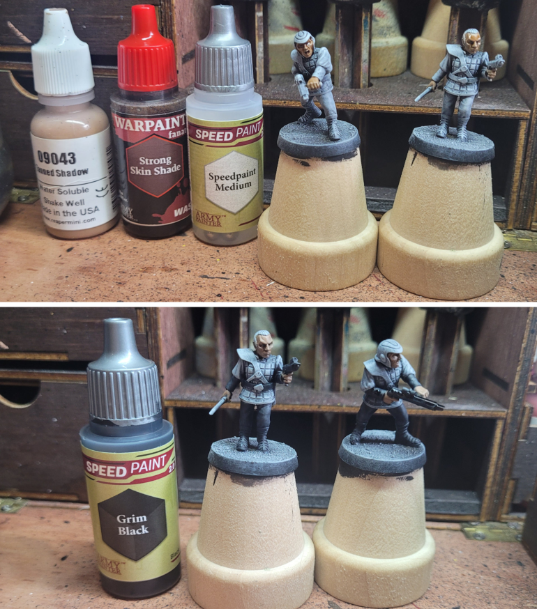 Most of the Next Generation Romulans tended to be a bit on the dark-skinned side, so I did the faces and hands in Tanned Shadow and then hit it with a wash mixed with a few drops of Speedpaint Medium. I did the boots, pants, forearm sleeves, and weapons in Grim Black Speedpaint.