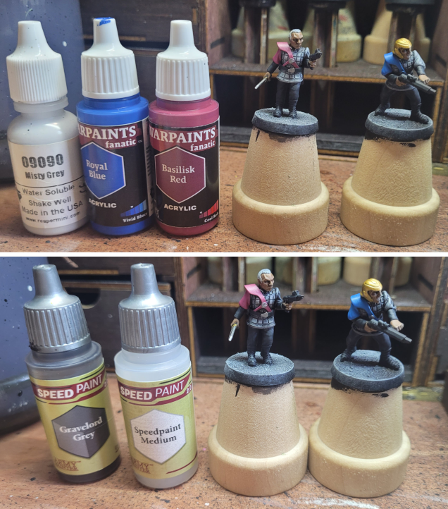 I did the upper right sleeves of each in the same color as the shoulder strap, lightened up with a bit of Misty Grey. The tunics were a little light so I darkened them down with Gravelord Grey Speedpaint mixed about 2:1 with Speedpaint Medium.