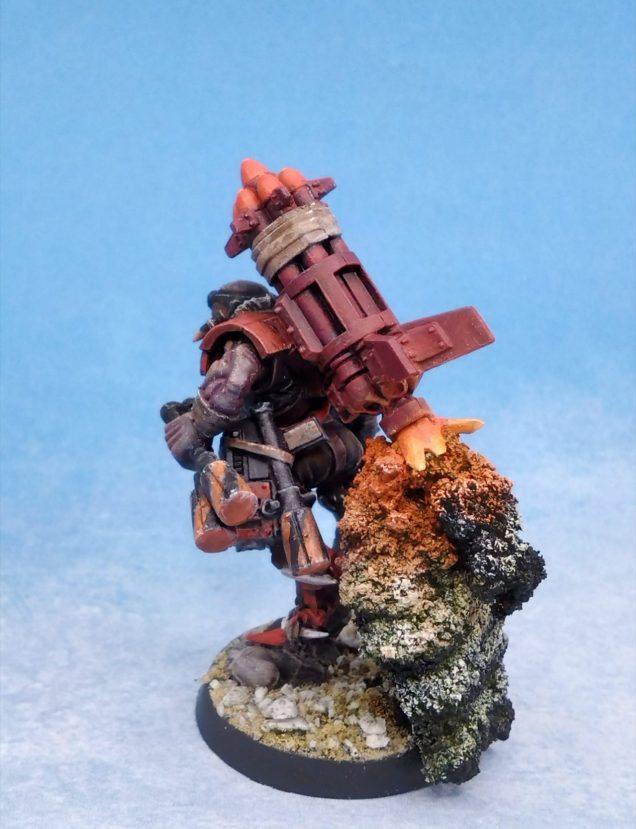 I think I could have taken the hazard lines on the grenades closer to yellow with some more playing around with ivory and the orange. I chose to keep them orange on the end. The ivory highlights and chipping ended up being effective.