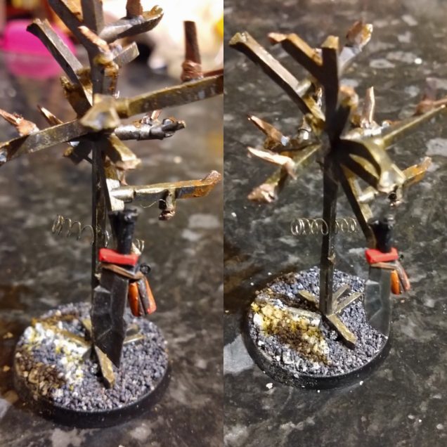 I made a sci-fi girder tree from sprue. I hung the left over knife in the tree. Should make for a fun objective token in Stargrave or something.