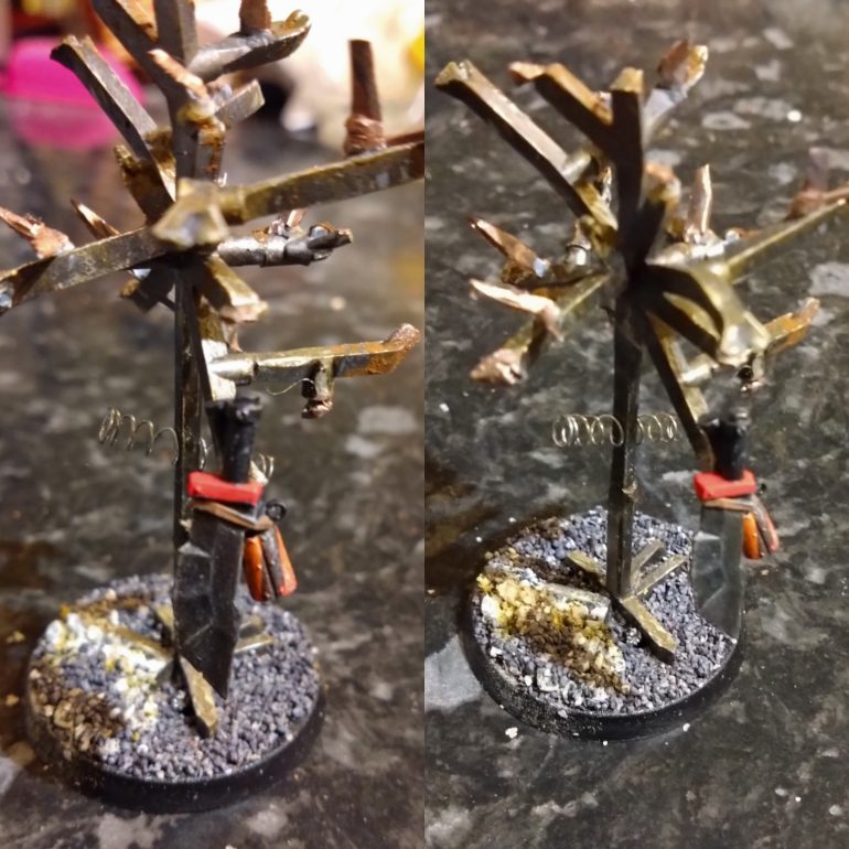 I made a sci-fi girder tree from sprue. I hung the left over knife in the tree. Should make for a fun objective token in Stargrave or something.