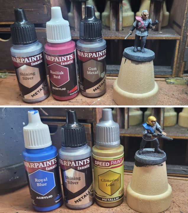 The shoulder straps were done in blue and dark pink mixed with a bit of silver for a metallic sheen. Gunmetal and gold metallics for the officer's sword and the soldier's helmet. I also went over the 