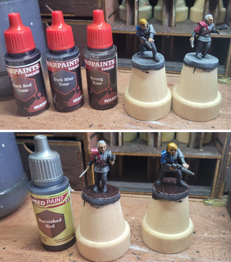 Red or blue washes for the sleeves and shoulder straps, and a Strong Tone wash for the soldier's helmet. I used Burnished Red Speedpaint for the bases but it came out a little dark, so I'll lighten it up later with a lighter reddish brown.
