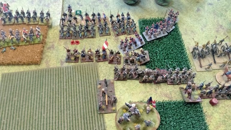 Reinforcements from the confederates help break the Union line, giving chase the union have little else to do but retreat, leaving the town open to occupation. With the Union right in disarray and their left holding on but seriously outflanked the game was called with a Confederate Victory.