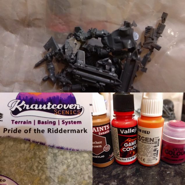 The mini I got was a Stormboyz 40k Orc. I got 4 colours and was allowed to add my own white and black of my choosing.