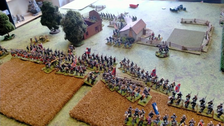 Union advance to the flanks and through the fields (off right of photo) to come to grips with the rapidly advancing Confederates.