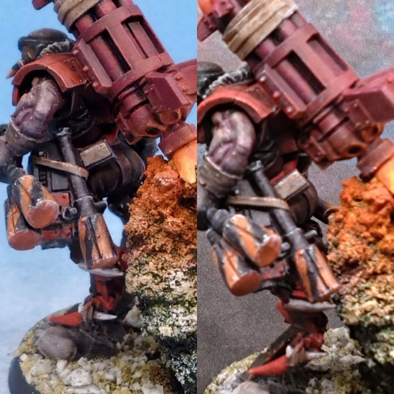 There was a choice of a sidearm or huge knife to be extra kit items at the hip. I chose the gun and grenade. I painted this separately. With no gunmetal paint to choose from the black and white did a lot of heavy lifting.