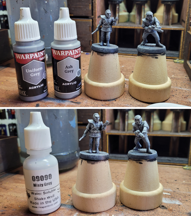 For the base coat I started with a coat of black primer, then drybrushed up to a light grey using a few progessively lighter shades.