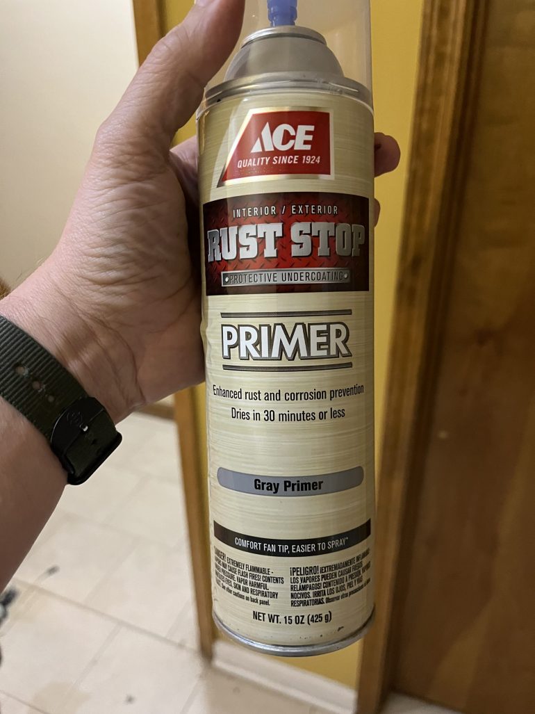 The saloon is an MDF kit from Sarissa Precision and the first thing you do with an MDF kit is find the cheapest primer available. This one came from Ace Hardware.