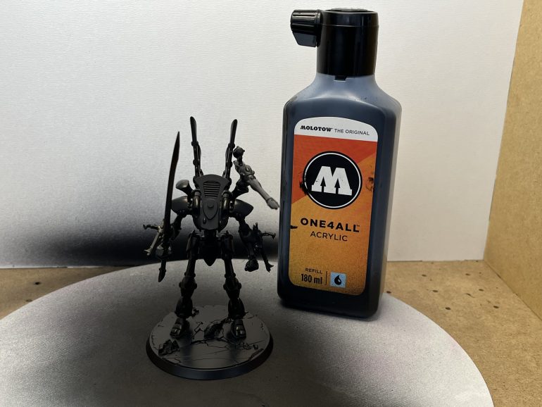 I completed all the airbrush steps first. Primed everything in Molotow black.