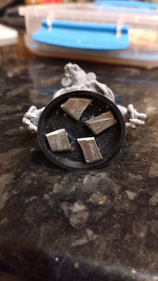 The pitch seems designed for 32mm bases so went for that. Decided to add some weight with metal puddle base bits to make it more stable. Pretty stable already, but more weight won't hurt..