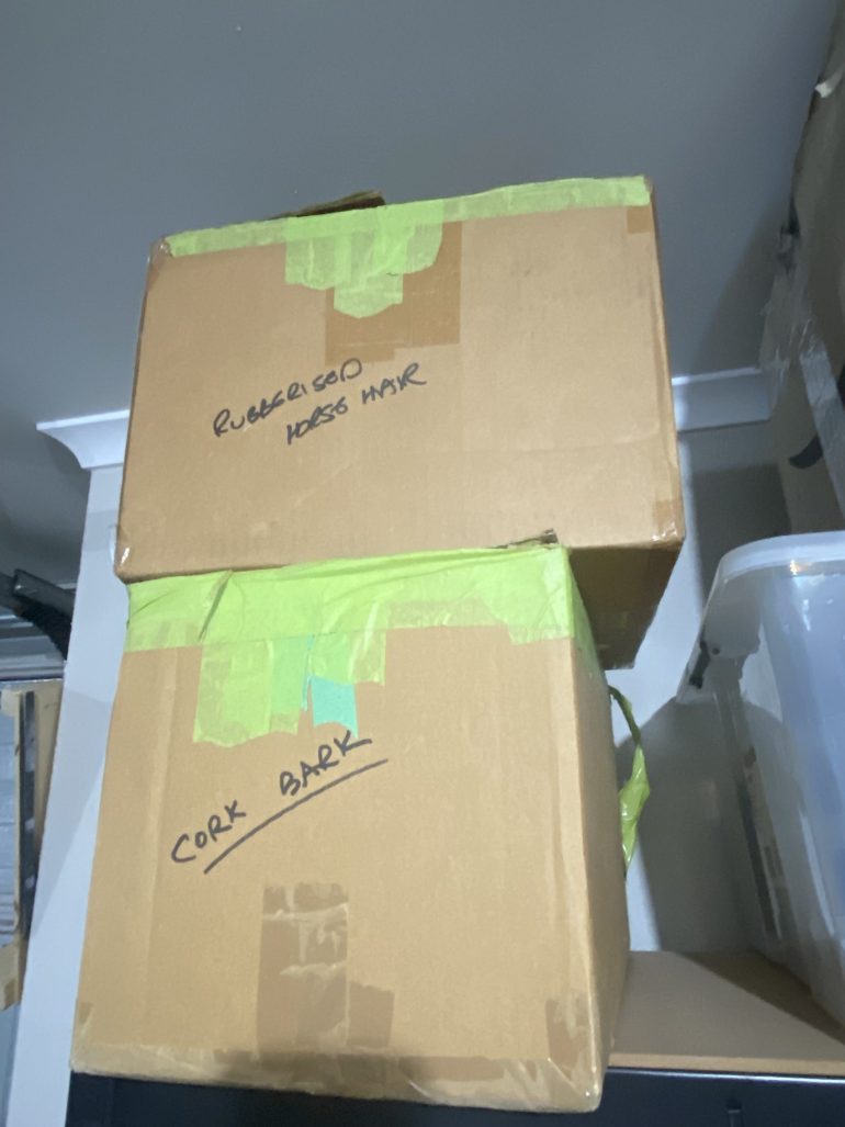 Large boxes of rubberised horsehair and cork bark.