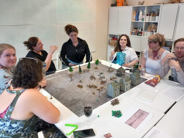 Once a month we have a game night at work and in the summer I reworked my Nottingham cheese riot game. Set in 1766 we had gangs of women throwing rocks and stealing cheese. The game winners was the gang with the most cheese Loot.