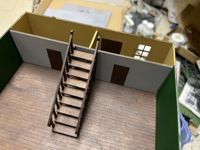 Interior of first floor. The back wall still needs to be painted.  The stairs are in their approximate final position.  