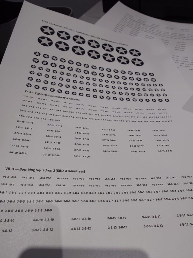 So I am working on some of the US aircraft, and whilst the warlord Decals are nice, I have discovered that they don't provide enough, and they tend to only supply the roundels. So it was time to get creative and so I have produced enough insignia for every aircraft that was aboard the USS Yorktown during the battle of Midway. However because these care small and it home made they are prone to damage so I have created far more than I need just in case. I also plan on creating some for the Japanese. 