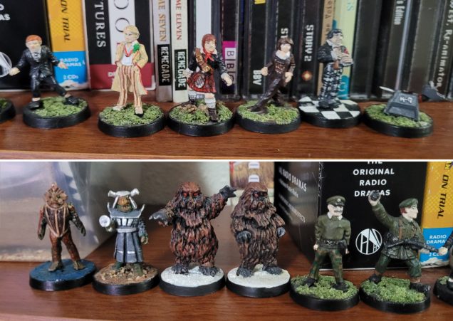 Harlequin models given away and in need of replacement. Top row: Turlough, the Fifth Doctor, Jamie McCrimmon, Sarah Jane Smith, the Second Doctor, K-9. Bottom row: 1980s Silurian, 1980s Sea Devil, two Yeti, the Brigadier, UNIT Soldier.