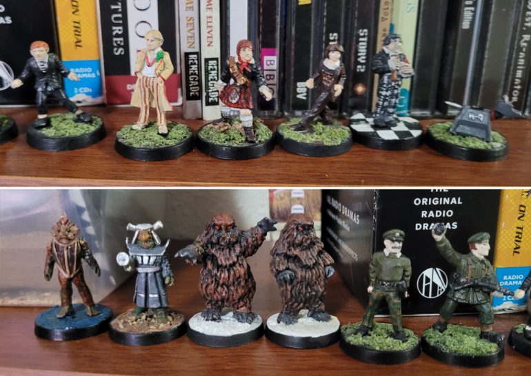 Harlequin models given away and in need of replacement. Top row: Turlough, the Fifth Doctor, Jamie McCrimmon, Sarah Jane Smith, the Second Doctor, K-9. Bottom row: 1980s Silurian, 1980s Sea Devil, two Yeti, the Brigadier, UNIT Soldier.