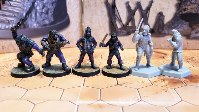 The two on the left are Star Schlock, the two in the middle are Crooked Dice, and the two on the right are the Magnetic Press models. The Star Schlock gorillas are a lot more burly, and the Crooked Dice ones are a bit smaller. I think Star Schlock is a better match, and I have more of them, so they'll probably work better for the first session, and to fill in crowd scenes later on (the RPG only comes with six gorilla models, one if which will be needed as a player character).