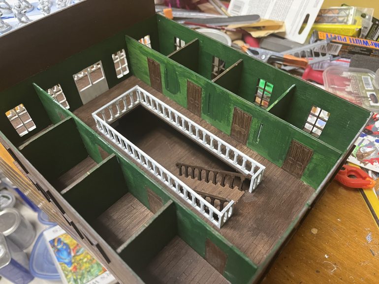 The area between the railings and the room doors is very narrow. Essentially too small to fit most bases in there. That’s unfortunate so I’ll have to come up with some work around.  