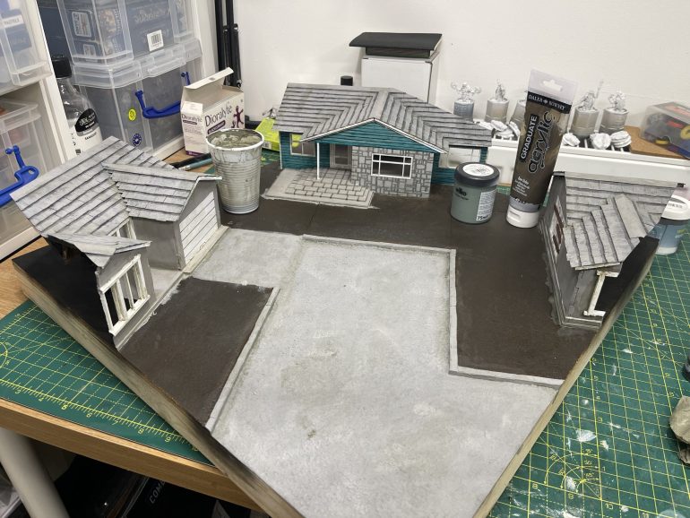 (changed the roadwork colouring) Added some green/brown wash to everything as weathering. same as the roof tiles