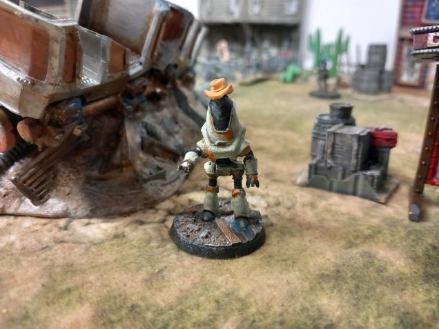 The starlight theatre robot kit comes with two hats one of which i had to put on this protectron as the local sheriff seeking deputies. 