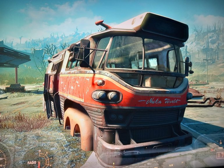 Nuka cola bus running passengers around the park. The prints give options for a complete and destroyed version so my plan was to do nukaworld bus and a Boston bus that we see in the main game