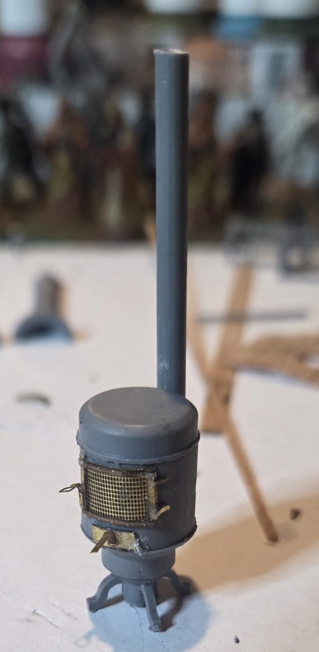 The completed wood burner. I did later decide the chimney was too thick, so replaced with a piece of plastic sprue.