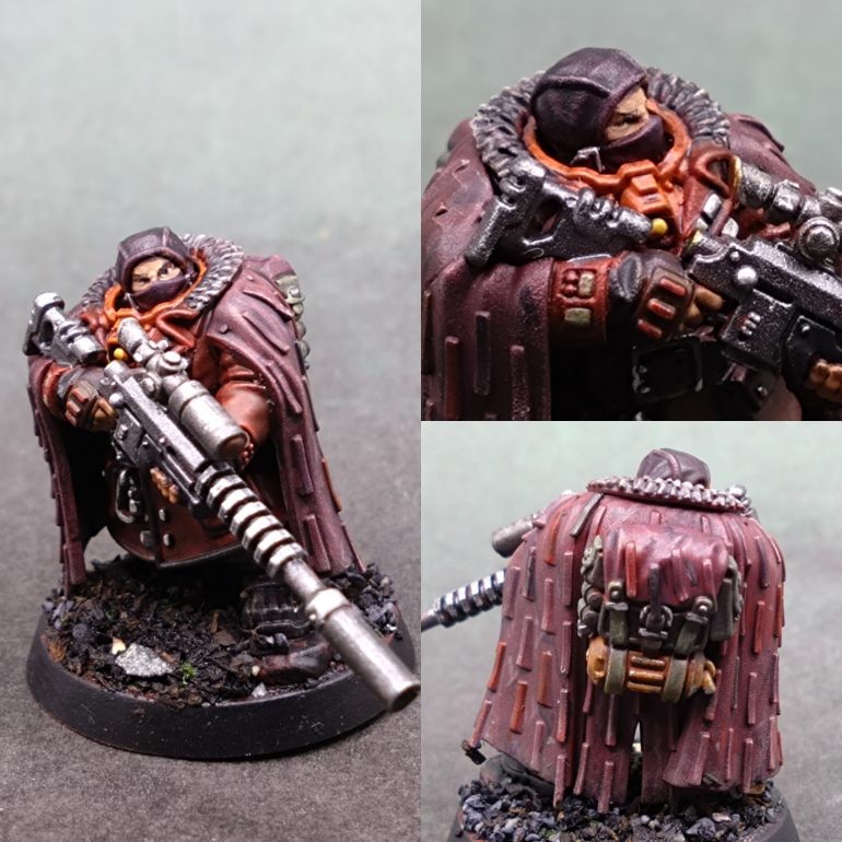 I ended up staying close to the box art scheme with the orange neck and chest armour. The cloak being tan on the box didn't feel sensible in a dark urban environment. Killteam isn't the dank Necromumda under hive, but I don't feel that KillTeam is fought in bright or picturesque places.