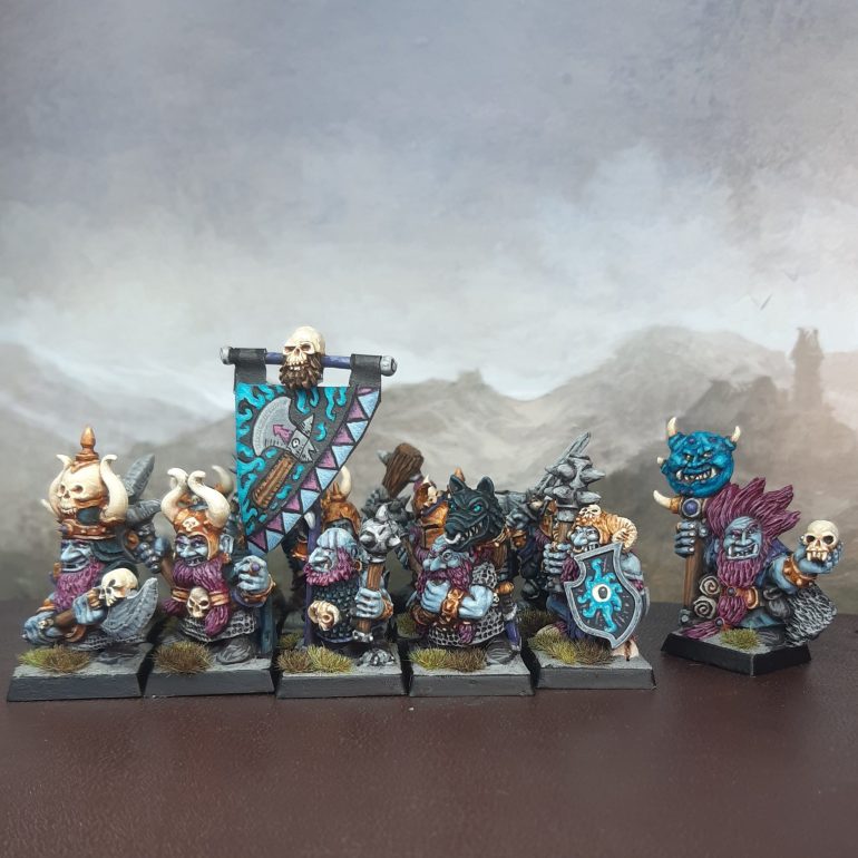 Here's the whole lot together. 14 evil dwarfs, making up a nice unit or skirmish warband. There's still a boar centaur to do, but he might wait a while whilst I turn my attention to something a little different.