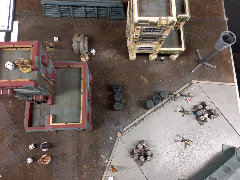 The rest of the crew advance. Boguns rattle gun fires lots of shots but miss most of what he was aiming at.