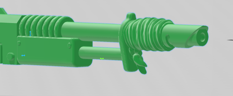 Much better. By moving the muzzle back into the gun you can line up the barrel with the circle we left there earlier. It's been years and I still haven't decided exactly what/why the cloth is. Spare bandage, useful thing to have, homemade rifle sling. I suppose the answer is the cloth is for whatever the trooper decides to use it for.