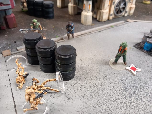 Boguns rattle gun takes down one and weedo shrugs off shots to take down a second. The final droid stunned staggers back from his fallen friends saying 