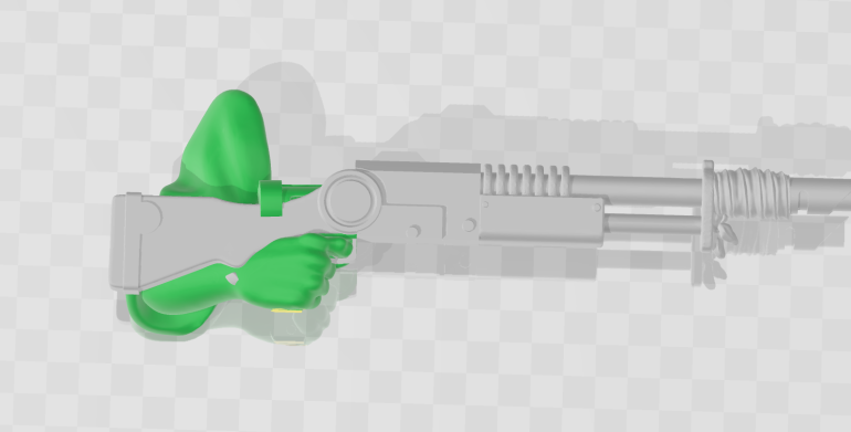 Now we can place the rifle in position and see what else we need to cut. For this pose I'm going with a casual stock over arm walking pose. We can see here that we need to remove the cylindrical part before we merge them. The rest of the original gun will be inside the rifle and merged with it we we can ignore that.