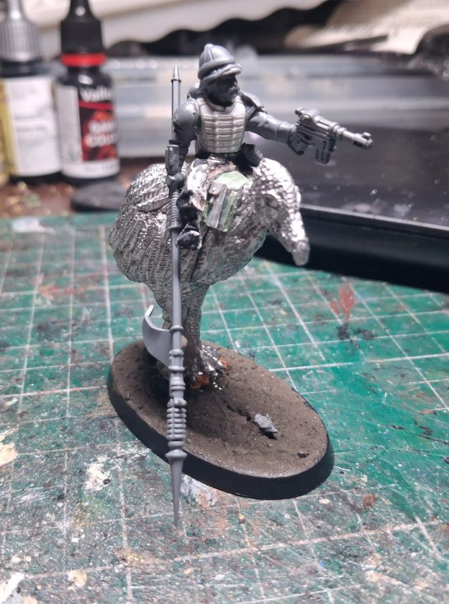Rough riders are always great units for coversions. I had some spare moubts from the oalbound studios coral knights. The dudes legs are from the kislev horse archers and the body is from anvil industries. The arms are from the death korps death riders and engineer sprue.