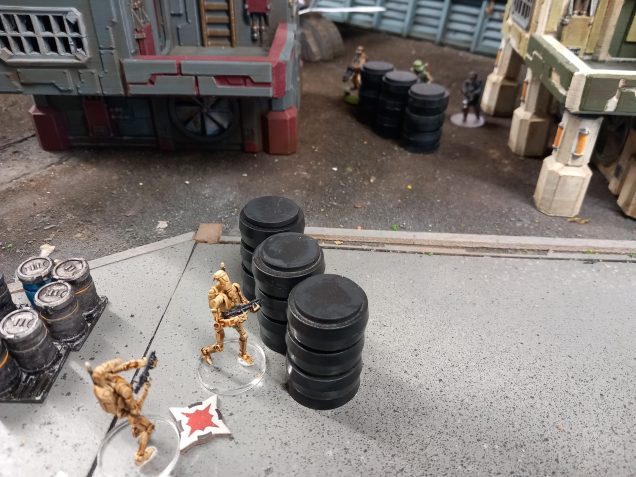 The droids follow their defensive programing and seek cover from aflurry of shots and wait for the crew to get closer.