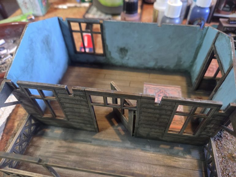 The interior with some wash applied to represent damp patches.