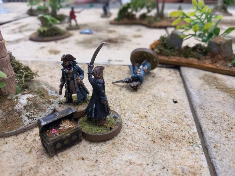 Finding the treasure it took two to carry it back to the ship. They got stopped a couple of times but they cut their way back to the ship