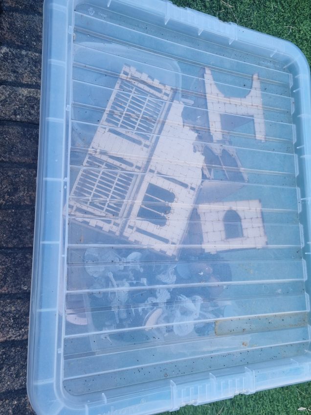 The box from the shed, including some tt combat terrain intended for frostgrave. May add them at the tail end of thr project. 