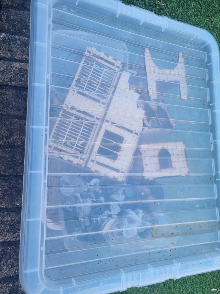 The box from the shed, including some tt combat terrain intended for frostgrave. May add them at the tail end of thr project. 