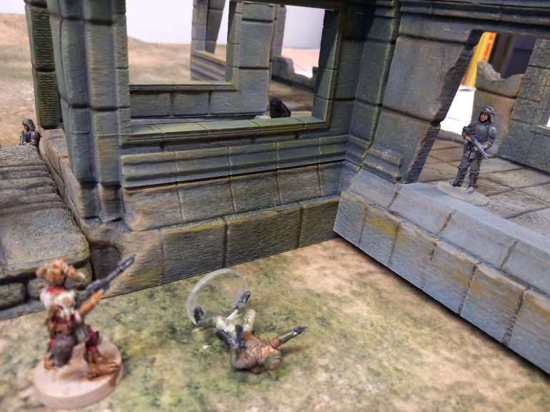 Trigger the clone go's down and at that moment the turbolaser fires into the sky at a czerka corporation ship. The timed mission is a failure. Grabbing their Wounded ka retreats into the jungle. No bonus this time and more medical bills to pay. Mission failure. Ka blames the missing  Weedo 