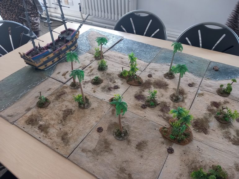 It's been some time since I got together with my work mates for a pirate game. I joked the scenario carried on in real time from stealing the ship in the last game to reaching the island here to find buried treasure. There are six possible locations for the treasure. Unfortunately Black Bob and his scurvy scoundrels  have also reached the island. Who would find the treasure 