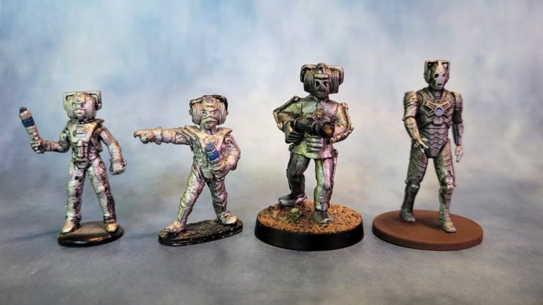 Just for fun: Cybermen! From left to right: Citadel, from the Daleks vs Cybermen plastic set; Citadel metal, released for the FASA Doctor Who roleplaying game; Harlequin; Warlord.